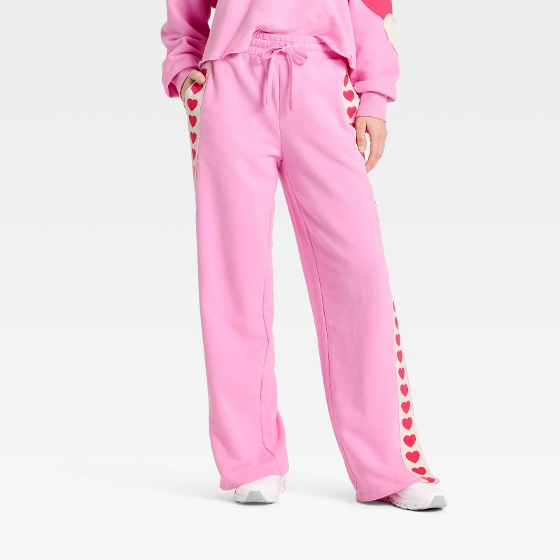 Women's Valentine's Day French Terry Wide Leg Sweatpants - JoyLab™ Pink L