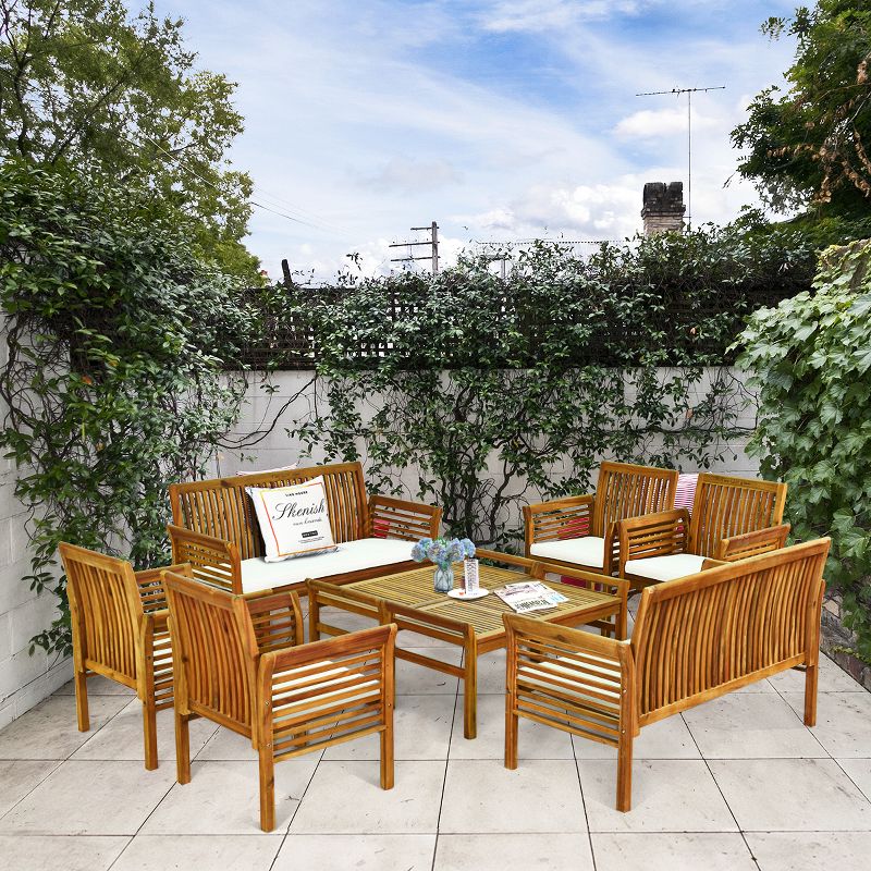 Costway 8 PCS Outdoor Acacia Wood Sofa Furniture Set Cushioned Chair Coffee Table Garden