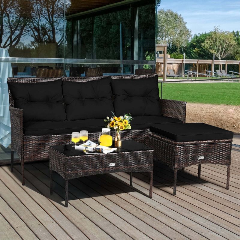 Costway 3 PCS Patio Rattan Furniture Set 3-Seat Sofa Cushioned Table Garden Black
