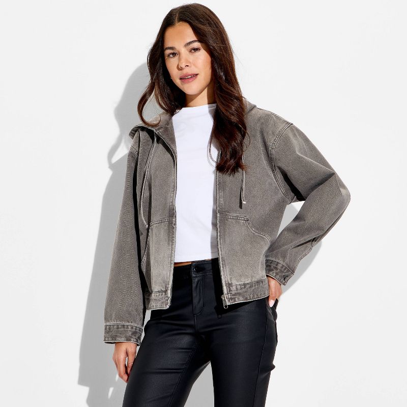 Women's Hooded Zip-Up Denim Jacket - Wild Fable™ Gray Wash XS