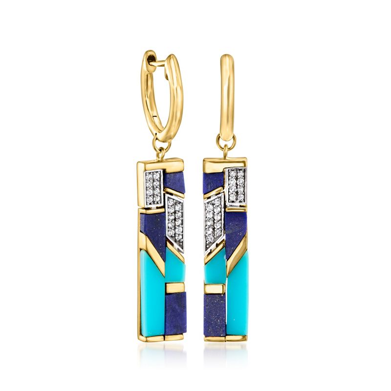 Ross-Simons Turquoise and Lapis Drop Earrings With .10 ct. t.w. White Topaz in 18kt Gold Over Sterling