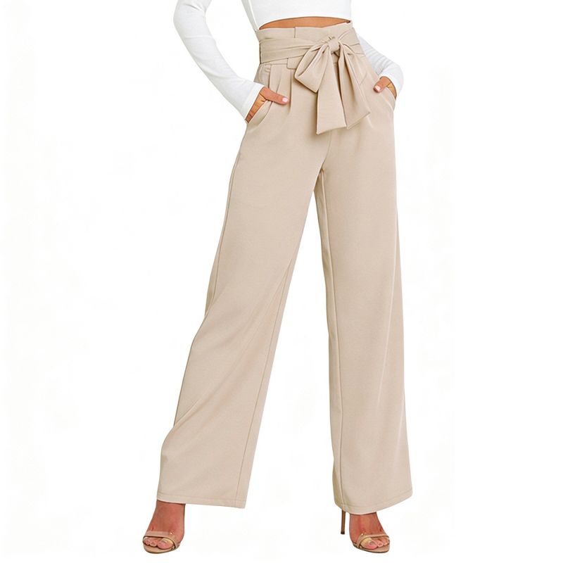 Women's High-Waist Wide-Leg Office Casual Pants with Belt Beige L