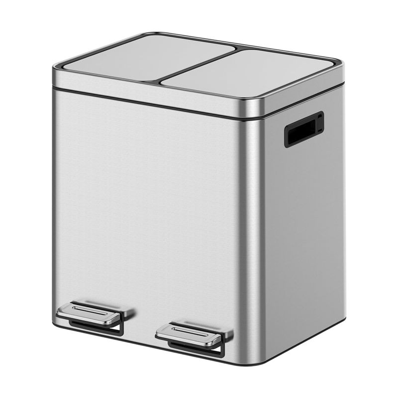 Dual Step Trash Can, 8-Gallon Slim Stainless Steel Kitchen Recycling Bin with 2 Removable Buckets, Soft-Close Pedal