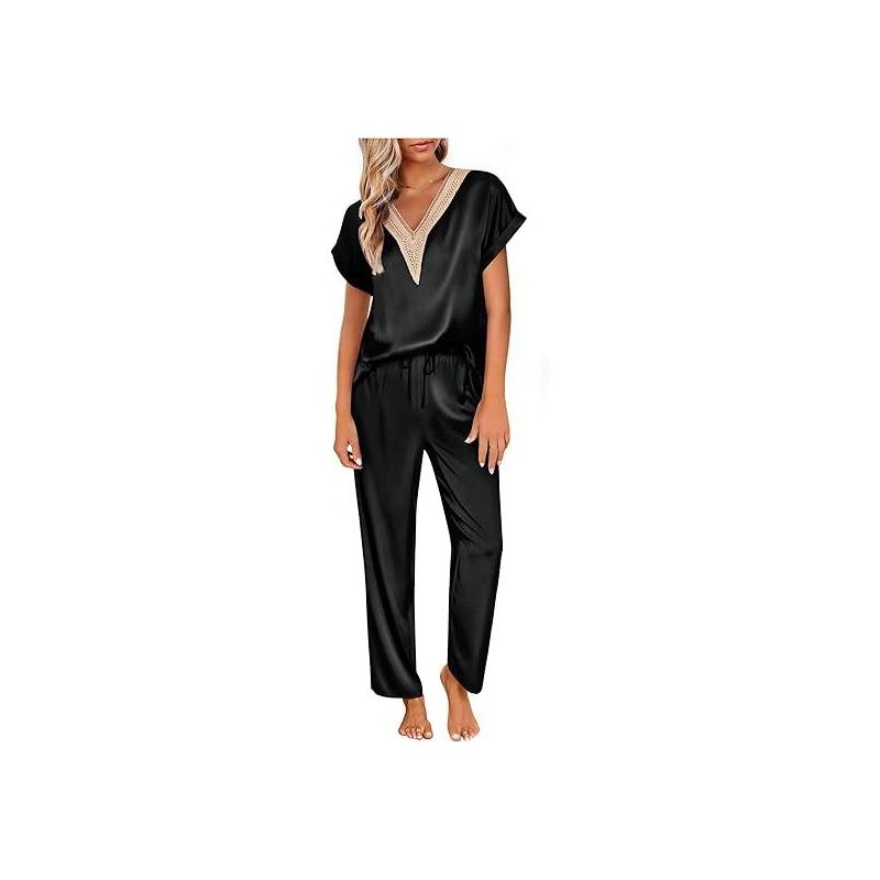 Ekouaer Silk Pajamas Set Womens Lace V Neck Loungewear Short Sleeve Satin Shirt with Long Pant Silky Pjs Black S