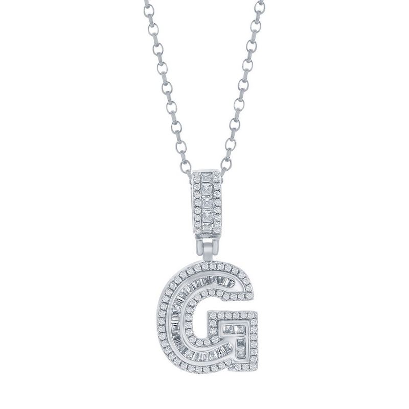 Bella Silver Sterling Silver 'G' Baguette CZ Initial 18" Pendant Necklace - Silver
