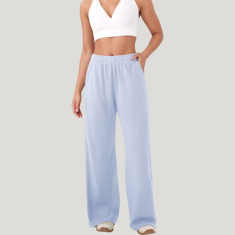 Anna-Kaci Active Women's High Waist Wide Leg Athletic Pants with Side Pockets and Elastic Waistband Design - Large, Blue