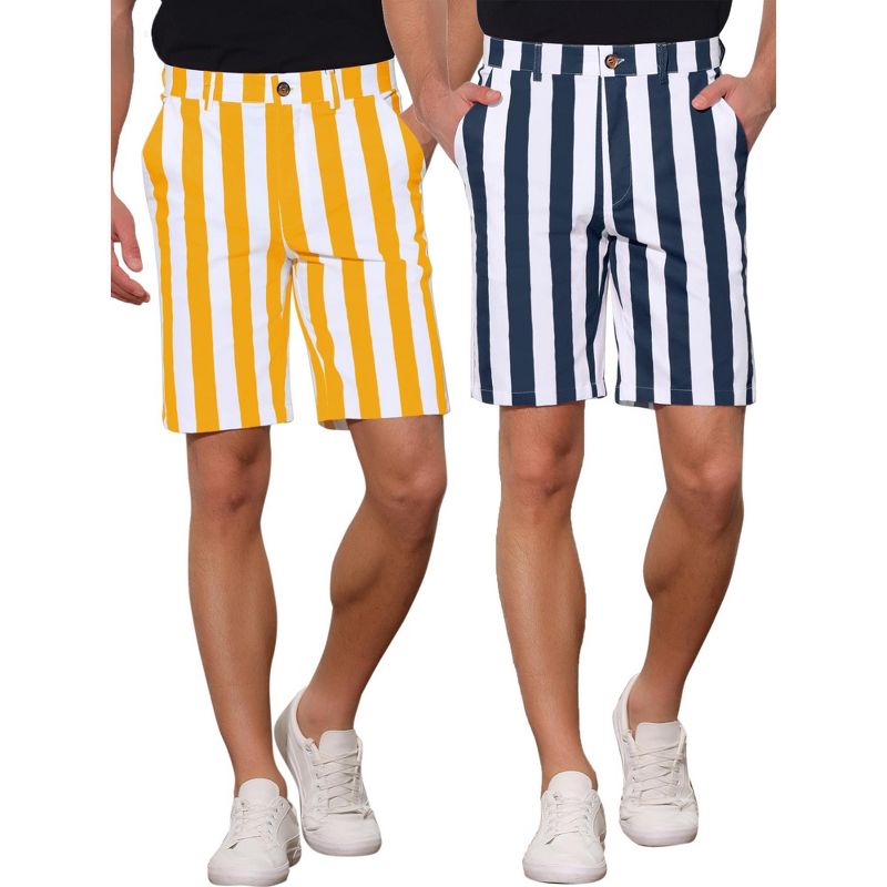 Lars Amadeus Men's Summer Regular Fit Flat Front Chino Striped Dress Shorts 2 Packs Navy/Yellow 32