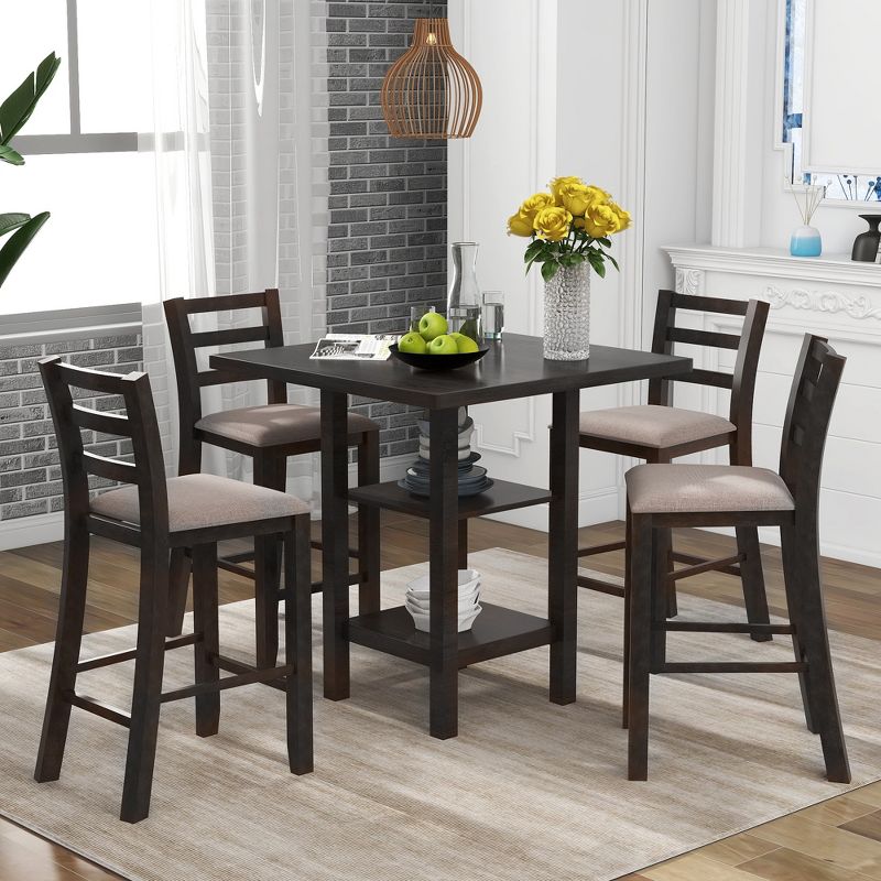 KTMBDW 5-Piece Dining Table Set | Wood Kitchen Table with 4 Upholstered Chairs | Space-Saving and Modern Design | for Dining Room, Espresso