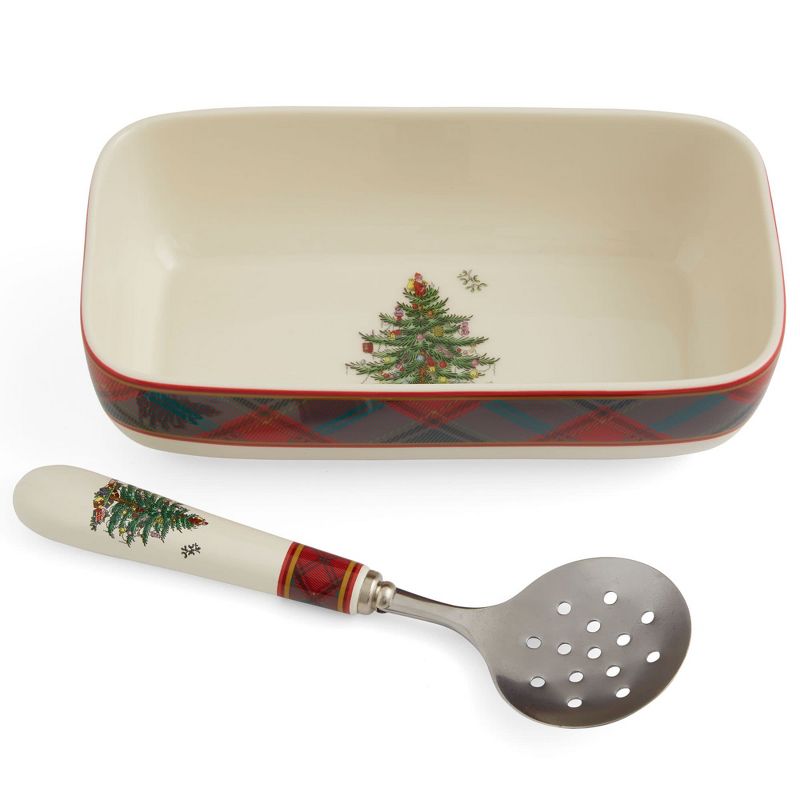 Spode Christmas Tree Tartan Cranberry Sauce Serving Dish with Slotted Spoon (8"x 4.25") - Server with Plaid Border - Dishwasher, Microwave Safe