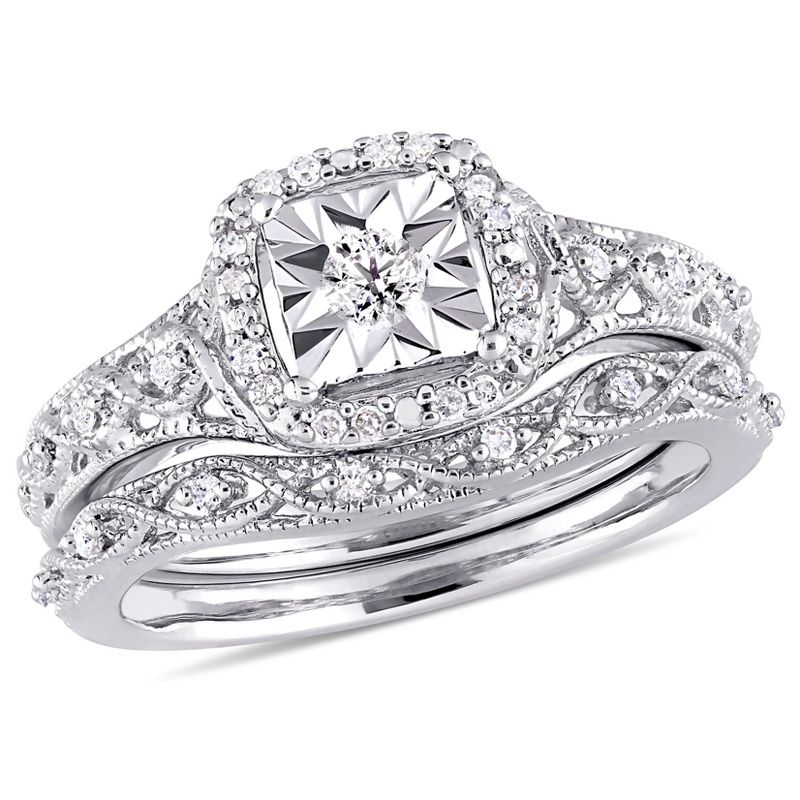 EVERLY JEWELRY | Sterling Silver 1/5 CT Diamond TW Halo Vintage Ring Set, White, 4.5