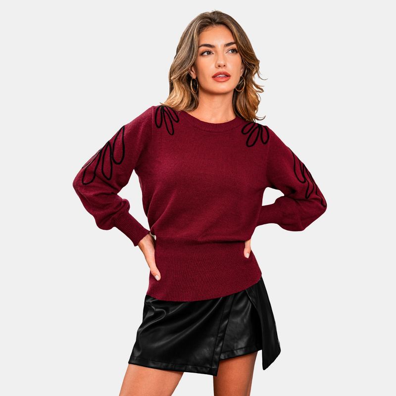 Women's Red Sweater Floral Shoulder Details - Cupshe-M-Red