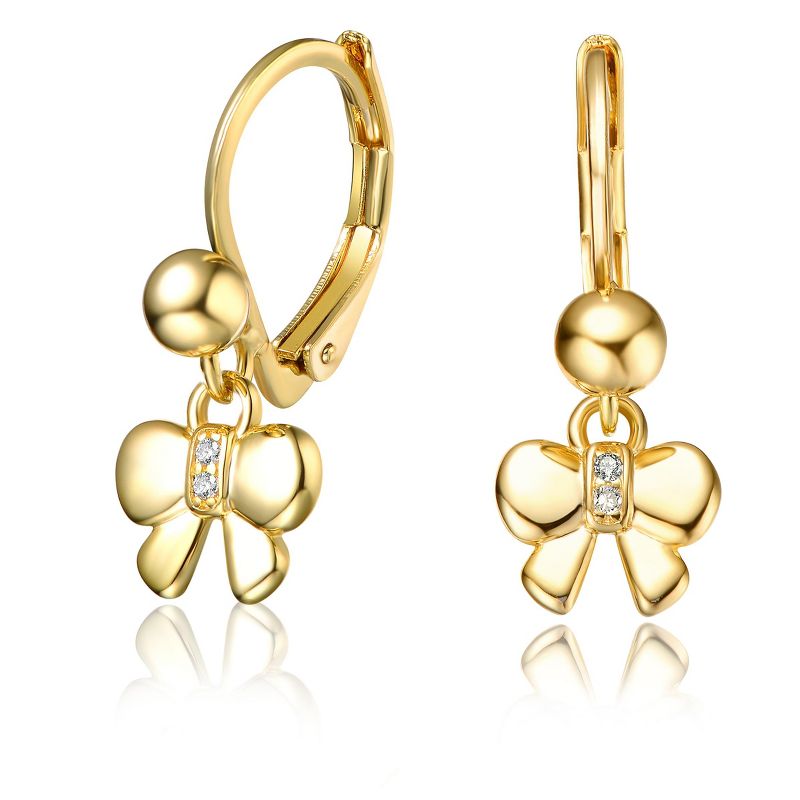 Guili 14K Yellow Gold Plated Bow Dangling Earrings with Ruby Cubic Zirconia for Kids Offering a Stylish Sophisticated Jewelry Option