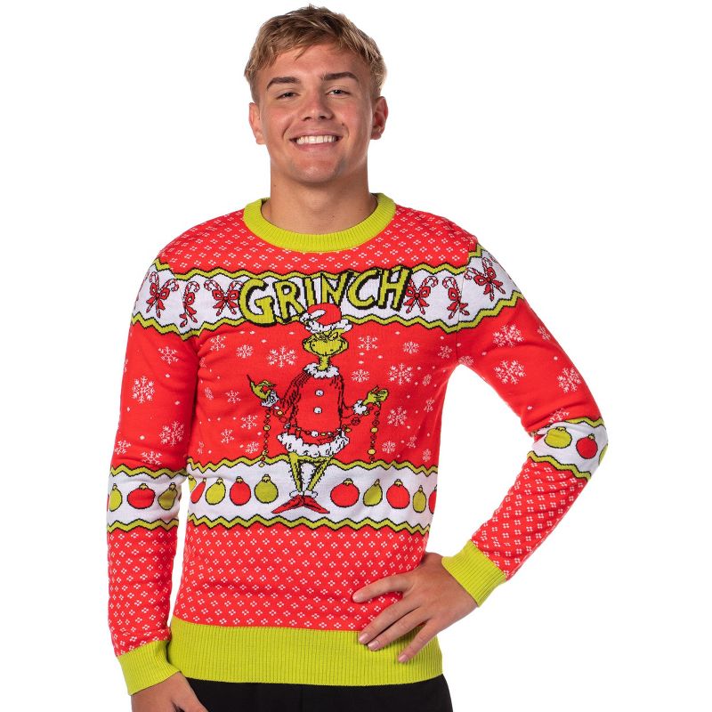 Dr Seuss GRINCH Men's Snowflakes Fair Isle Adult Holiday Ugly Sweater for Christmas (Large) Red