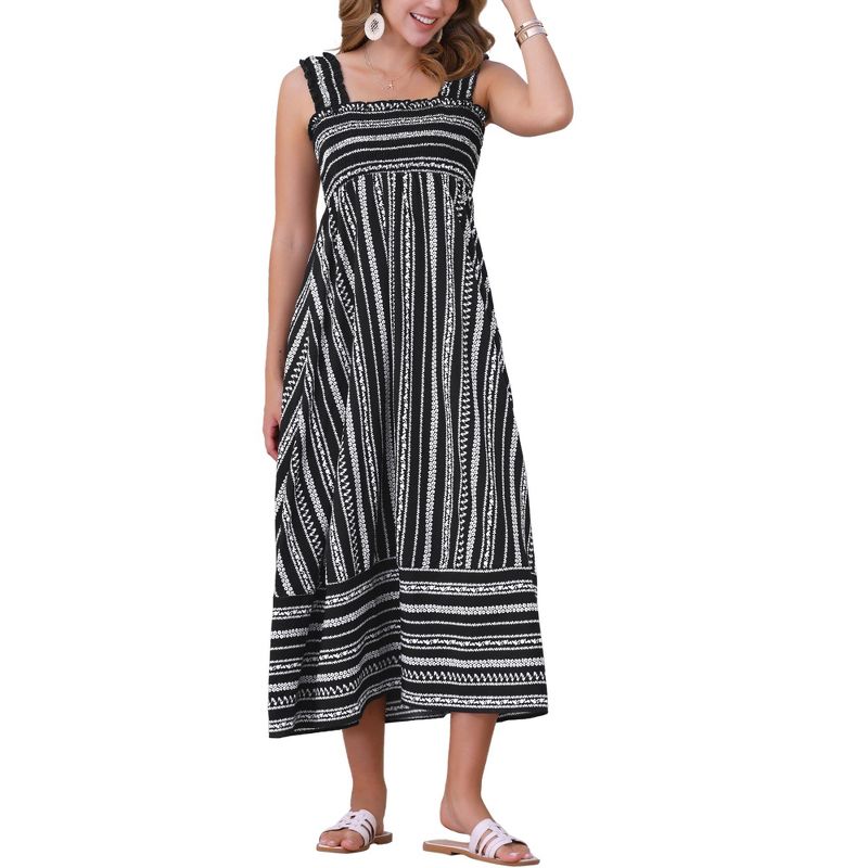 INSPIRE CHIC Women's Summer Sleeveless Smocked Printed Vacation Boho Maxi Dress Black X-Large