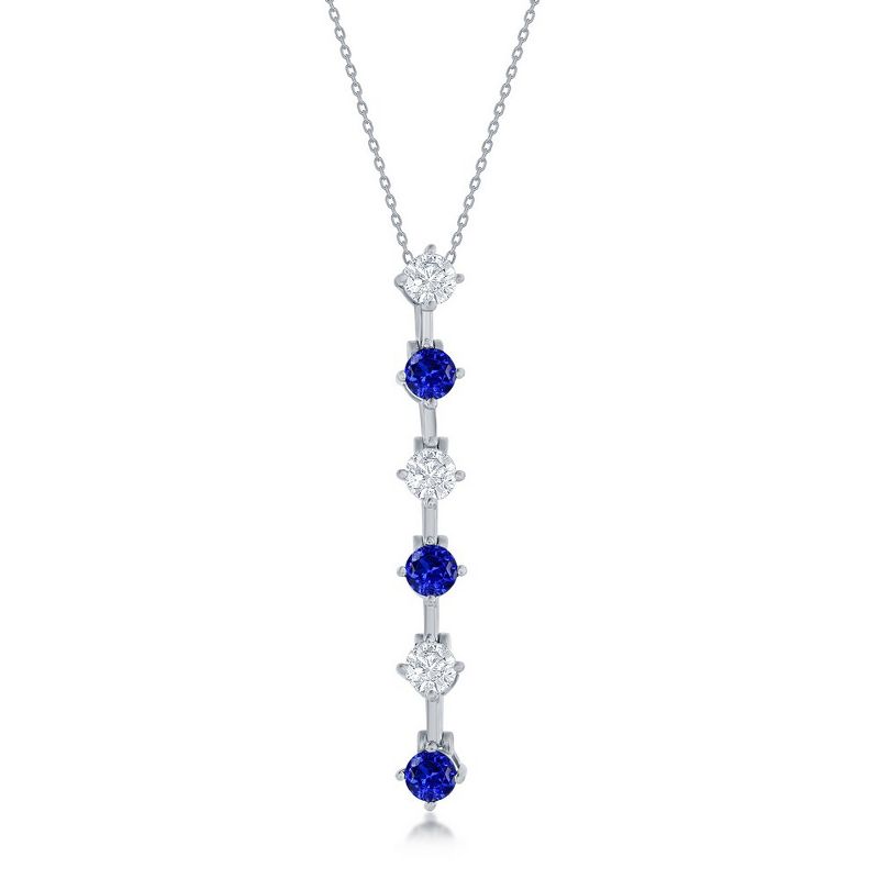 Bella Silver Sterling Silver Round White & Sapphire CZ Long 18" Pendant Necklace - Blue