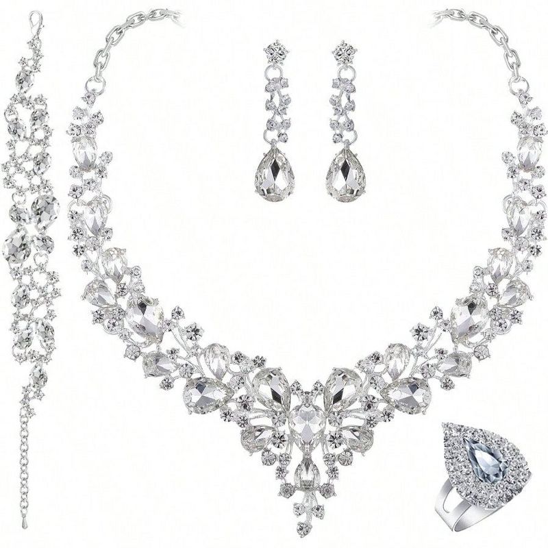 Crystal Bridal Jewelry Set for Women - Rhinestone Teardrop Necklace, Earrings, Bracelet Ring Set Silver Standard