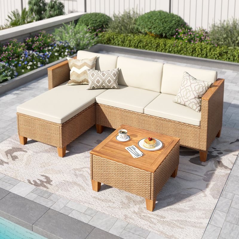 Captiva Designs 3pc Outdoor Patio Wicker Sofa Conversation Set with Wood-top Coffee Table