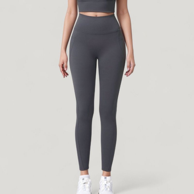 Anna-Kaci Active Women's High Waist Full Length Leggings with Wide Waistband and Side Pocket - Small, Gray