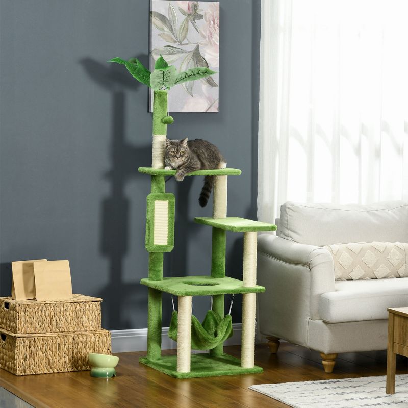 56" Cat Tree for Indoor Cats with Hammock, Cat Tower with Scratching Post, Platforms for Indoor Cats, Green