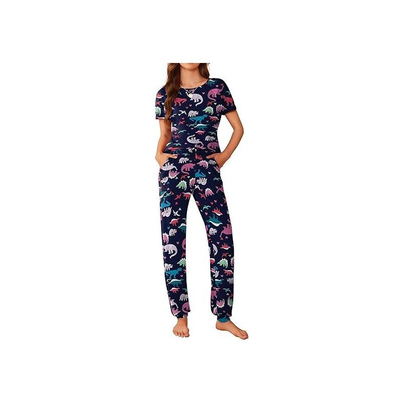 Ekouaer Womens Pajama Sets Short Sleeve Lounge Sets for Women Printed Jogger Pajama Set 2 Piece Pj Sets With Pockets Navy Blue Dinosaur XL