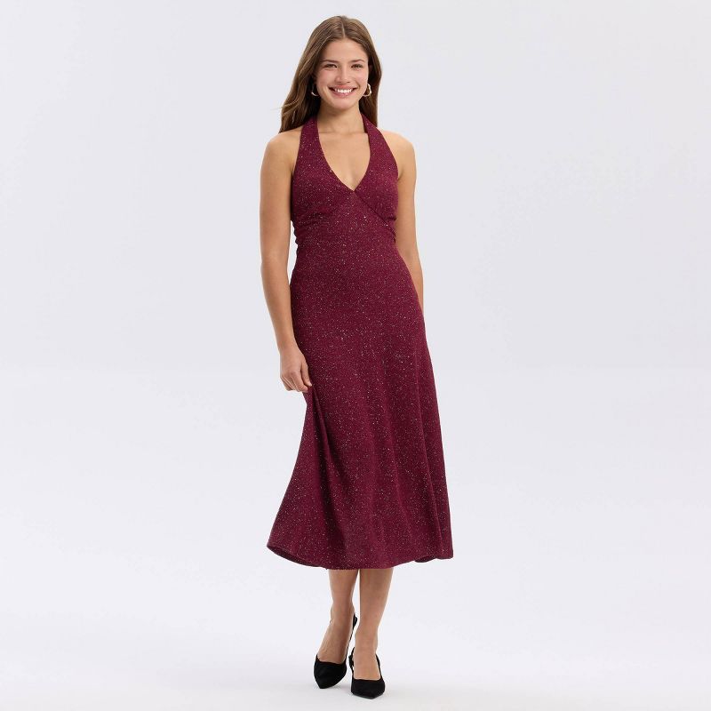 Women's Sleeveless Metallic Knit Plunge Midi Dress - A New Day™ Red XS