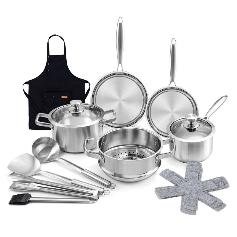 16-Piece Stainless Steel Cookware Set, Cookware with Glass Lids, Steamer, Utensil Sets, Pot Protectors & Apron, Oven & Dishwasher Safe