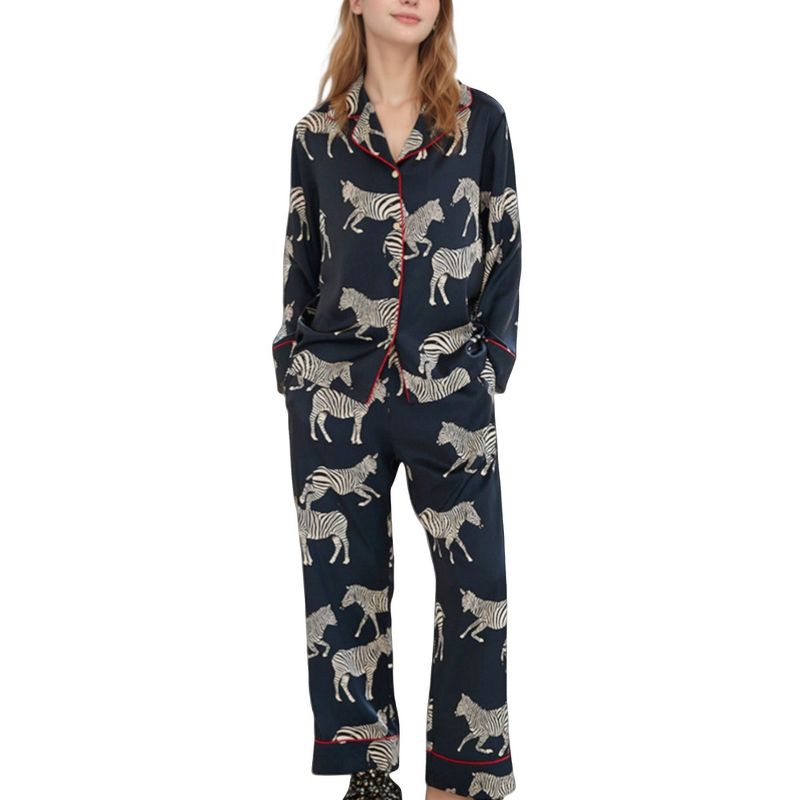 Anna-Kaci Lounge Women's Satin Zebra Print Pajama Set with Long Sleeve Button Up Shirt and Matching Relaxed Fit Pants - Small, Black