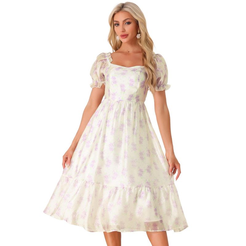 Allegra K Women's Floral Organza Square Neck Puff Short Sleeve Midi Dresses Beige Purple Large