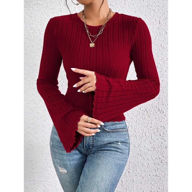 Women's Sweater Tops Casual Long Sleeve T - Shirt with Bell Cuffs,Wine red,XL,