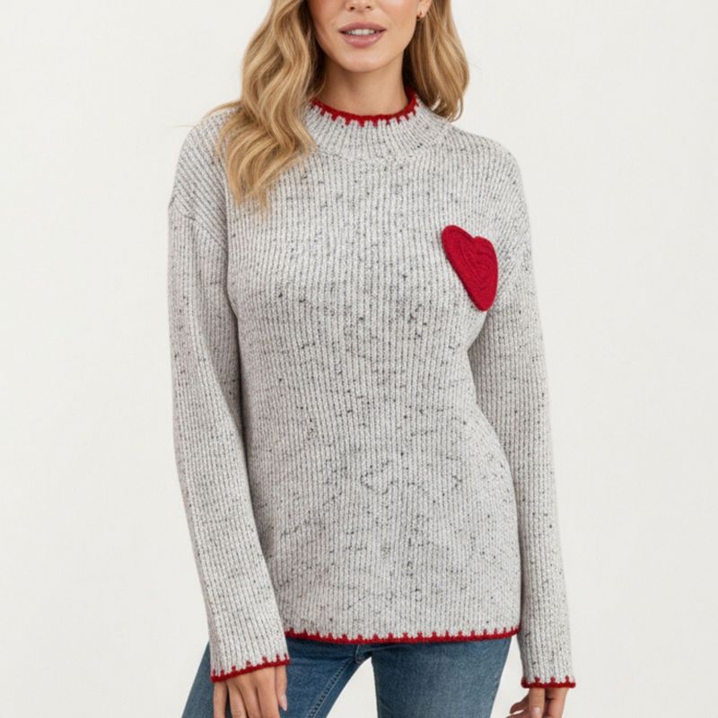 Anna-Kaci Women's Ribbed Knit Sweater with Valentine Heart Patch and Contrast Trim - Medium,