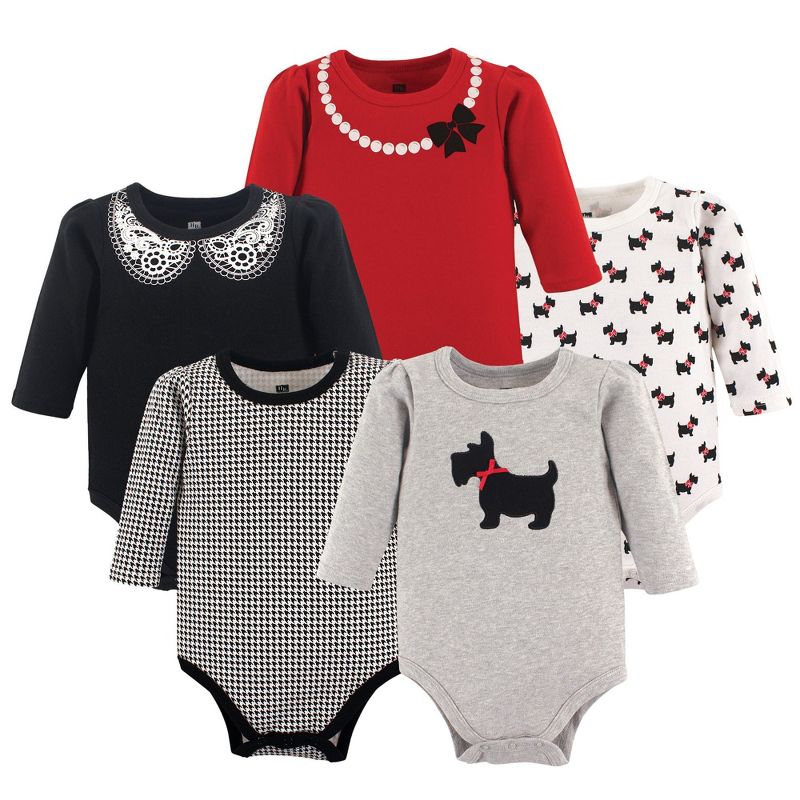 Hudson Baby Infant Girl Cotton Long-Sleeve Bodysuits 5pk, Scottie Dog, 3-6 Months