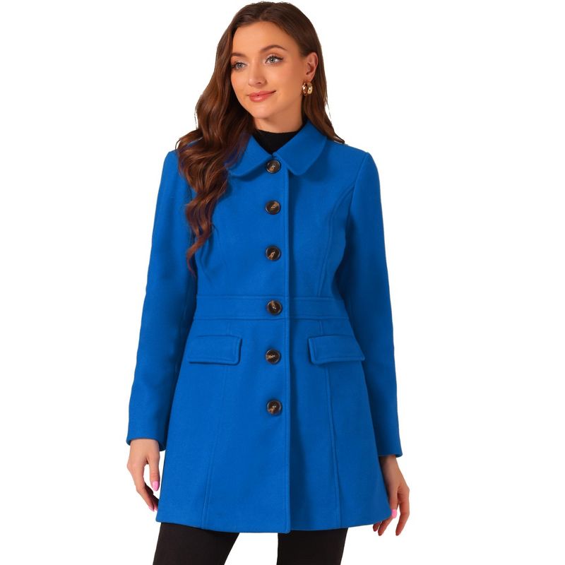 INSPIRE CHIC Women's Winter Collared Flap Pocket Single Breasted Back Split Buttoned Long Overcoats Medium Blue