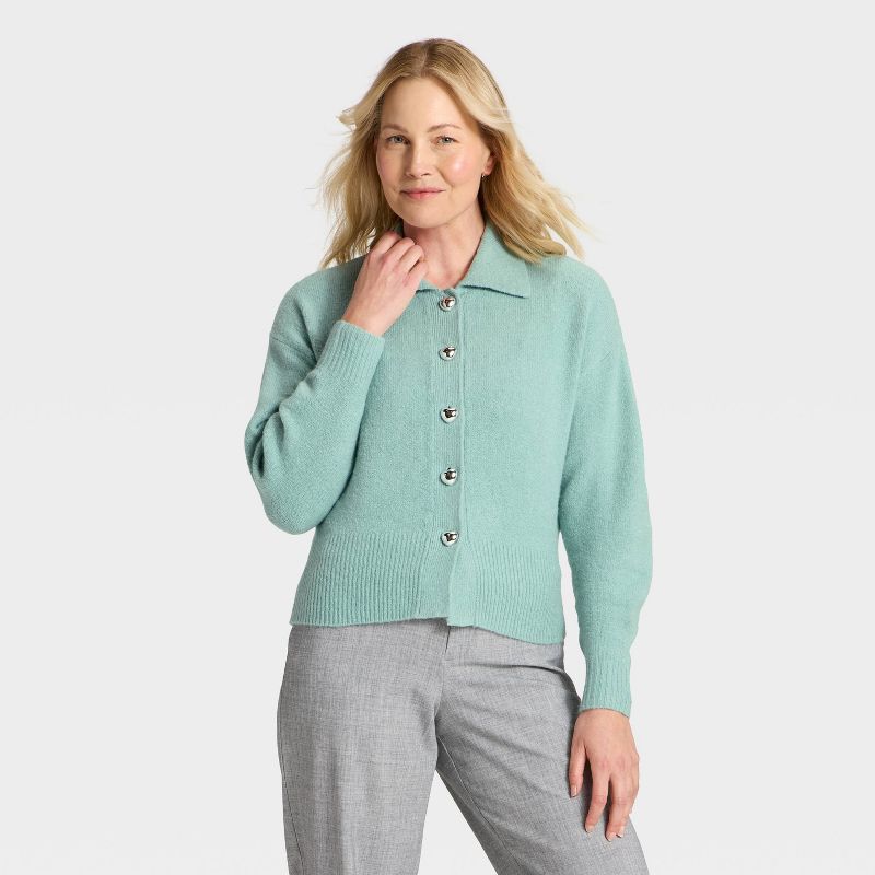 Women's Long Sleeve Heart Button Cardigan Sweater - A New Day™ Dusty Teal XS