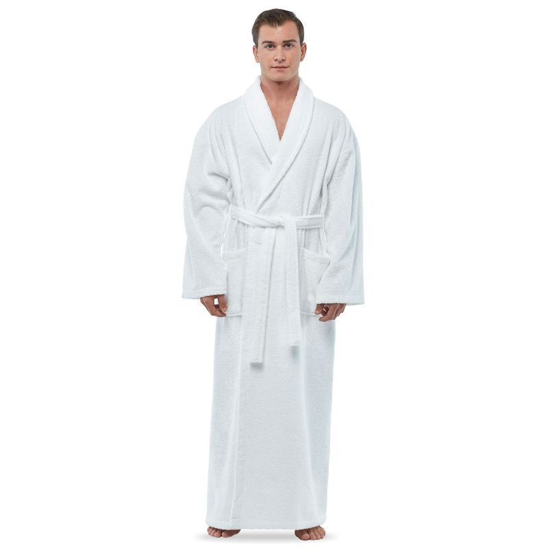 Arus Men's Full Length Turkish Terry Cotton Robe, Shawl Collar Long Bathrobe , White , Small/Medium
