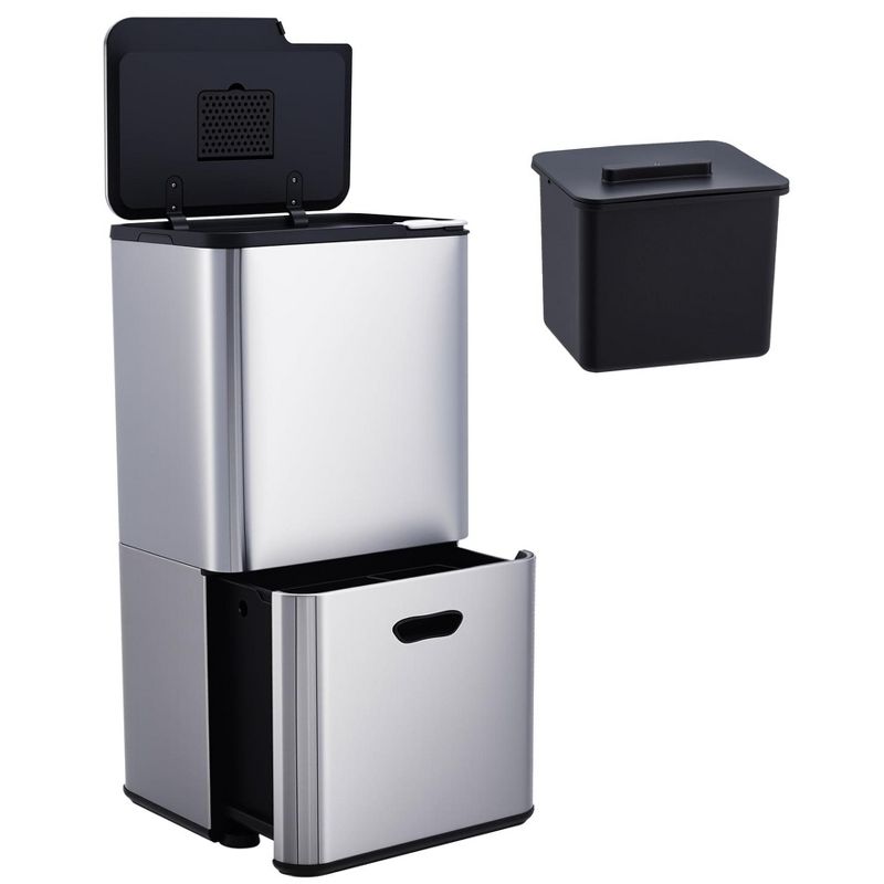 COZONY 16 Gal Dual Trash Can for Kitchen, 2-Compartment Stainless Steel Garbage & Recycling Bin with Compost, Removable Buckets
