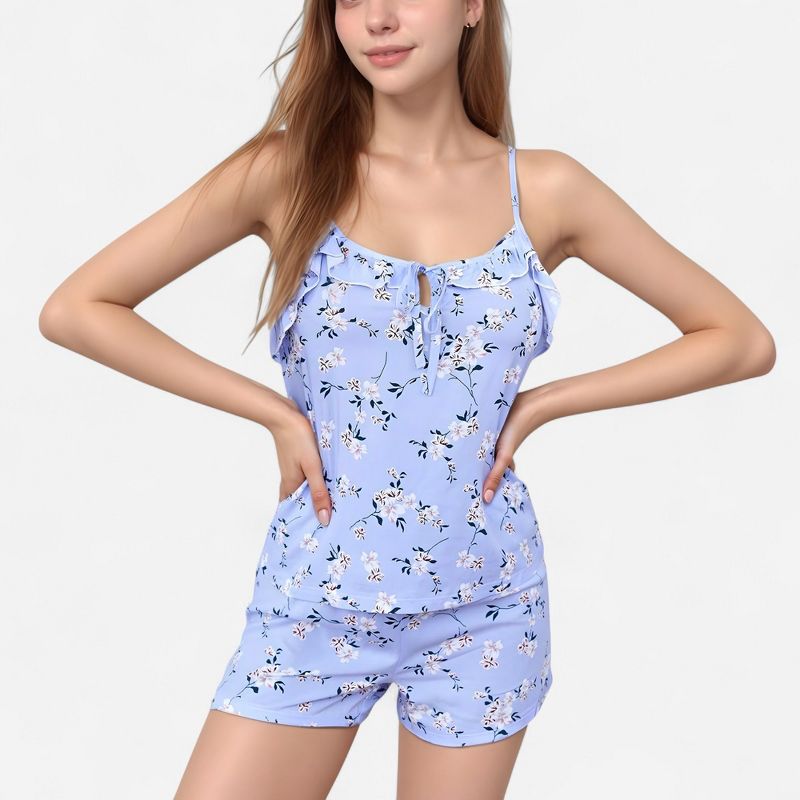 Anna-Kaci Lounge Women's Floral Print Cami Top and Shorts Pajama Set with Adjustable Spaghetti Straps and Front Tie Detail - Small, Blue
