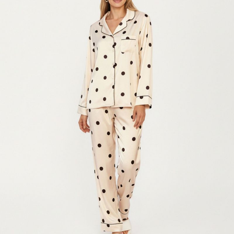 Anna-Kaci Lounge Women's 2-Piece Set Satin Polka Dot Pajama Top with Contrast Piping and Matching Straight-Leg Pants - Large, Light Beige
