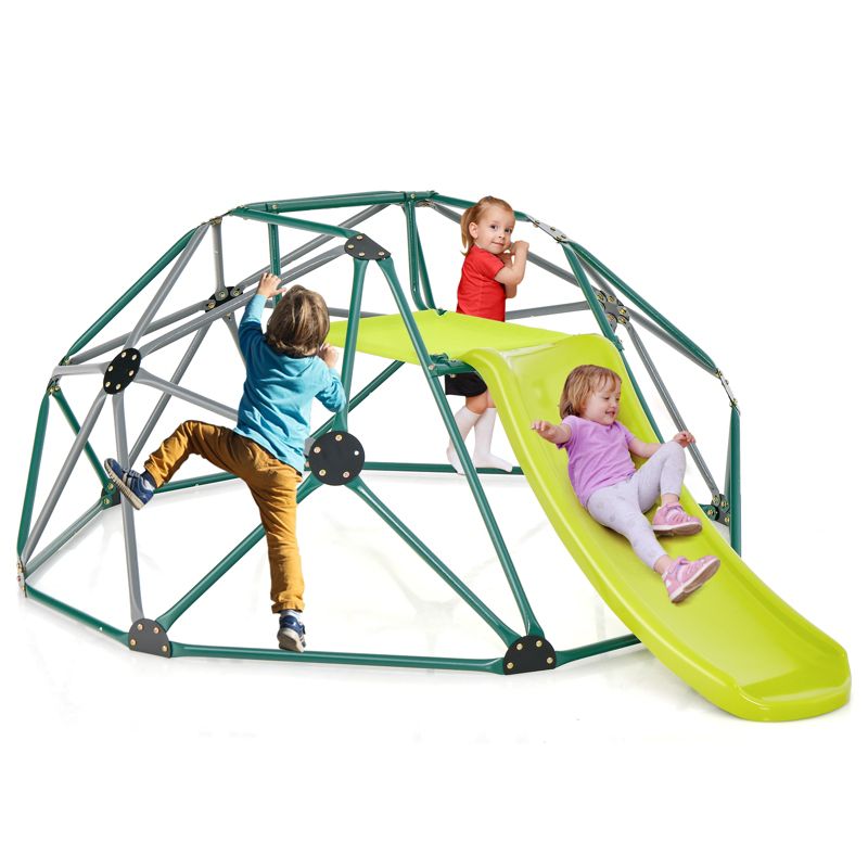 Costway 8FT Climbing Dome w/ Slide Outdoor Kids Jungle Gym Dome Climber Green Slide