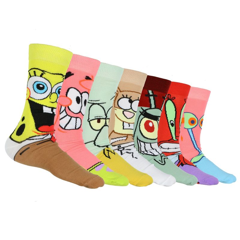 Spongebob SquarePants Socks Men's Character Face Designs 7-Pairs Mid-Rise Adult Crew Socks (Fits Shoe Size 6-12) Multicolored