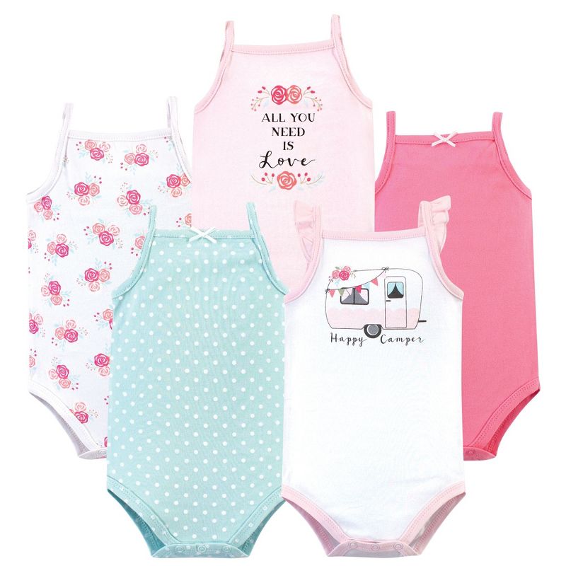 Hudson Baby Infant Girl Cotton Sleeveless Bodysuits 5pk, Pink Happy Camper, 3-6 Months