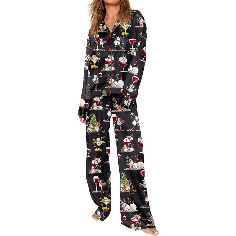 SHESHOW Satin Pajamas Set for Women Set Long Sleeve Button Down Pjs Sets 2 Piece Loungewear Animal Sleepwear Black XS