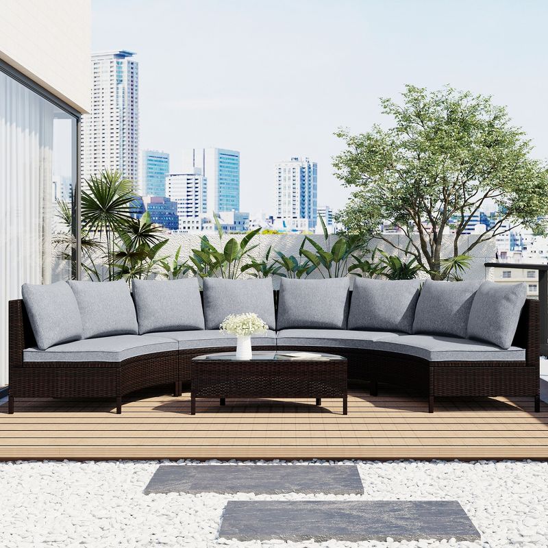 Whisen Pieces Outdoor PE Rattan Wicker Sofa Set, Patio Half-Moon Sofa Set with Tempered Glass Table - Gray