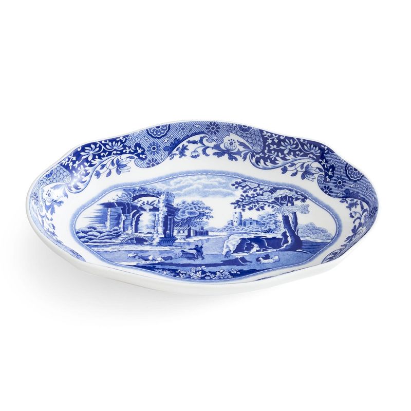 Spode Blue Italian Pickle Dish - 8.5" Porcelain Appetizer Tray with Scroll Border & Countryside Artwork - Elegant Small Serving Piece