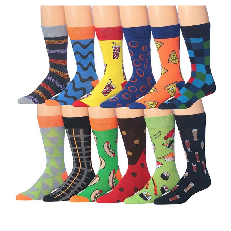 JAMES FIALLO Men's 12 Pack Soft & Breathable Food Colorful Patterned Dress Socks for Men