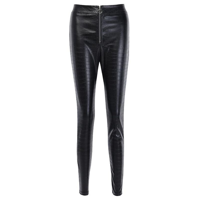 Women's Fashion Faux Leather Pants Crocodile Pattern Slim Fit Zippered Leggings,XS,Black
