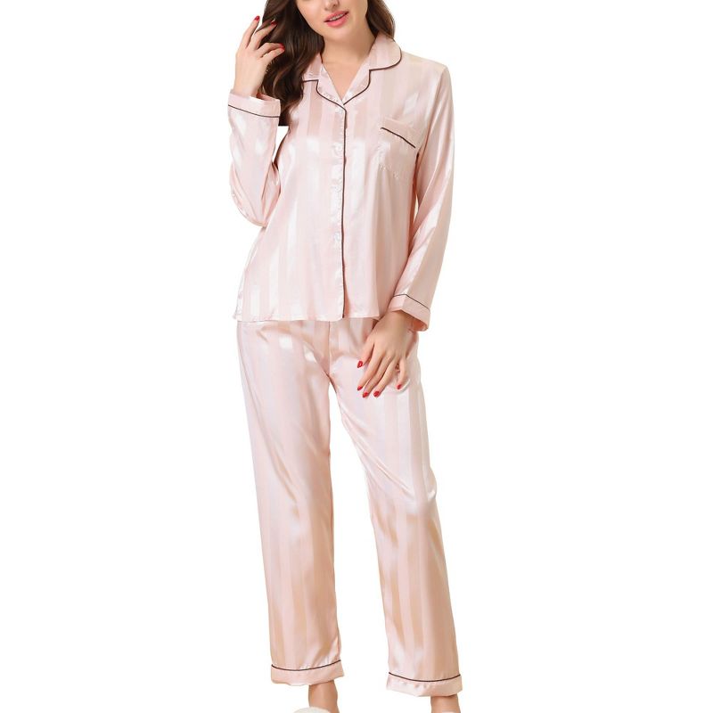 cheibear Women's Satin Soft Button-Down Sleepwear with Pants Lounge Pajama Set Light Pink Medium