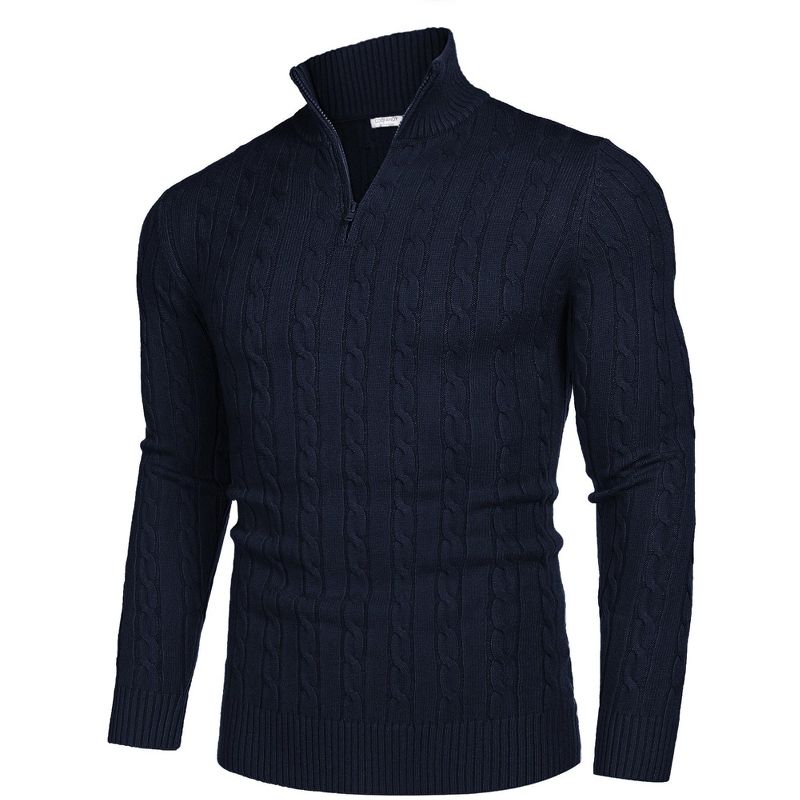 COOFANDY Men's Quarter Zip Sweater Slim Fit Casual Knitted Turtleneck Pullover Mock Neck Polo Sweater Navy Blue L