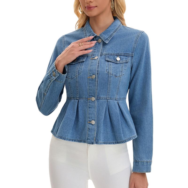 INSPIRE CHIC Women's Denim Button Down Turndown Collar Long Sleeve Ruffle Hem Peplum Jean Jackets Large Light Blue