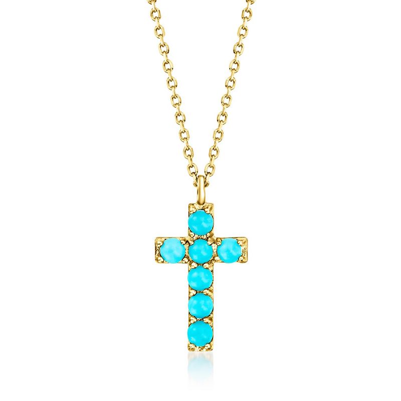 Pure Collection by Ross-Simons 2mm Turquoise Cross Pendant Necklace in 14kt Yellow Gold Size 16