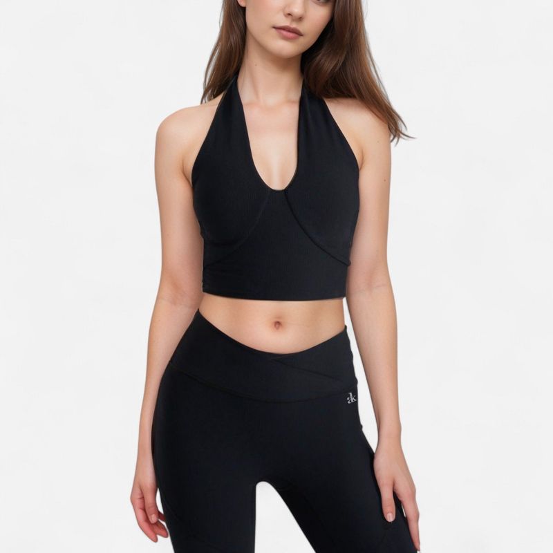Anna-Kaci Active Women's Ribbed Halter Crop Tank Top with Deep V Neckline Seam Detailing - Black, Small